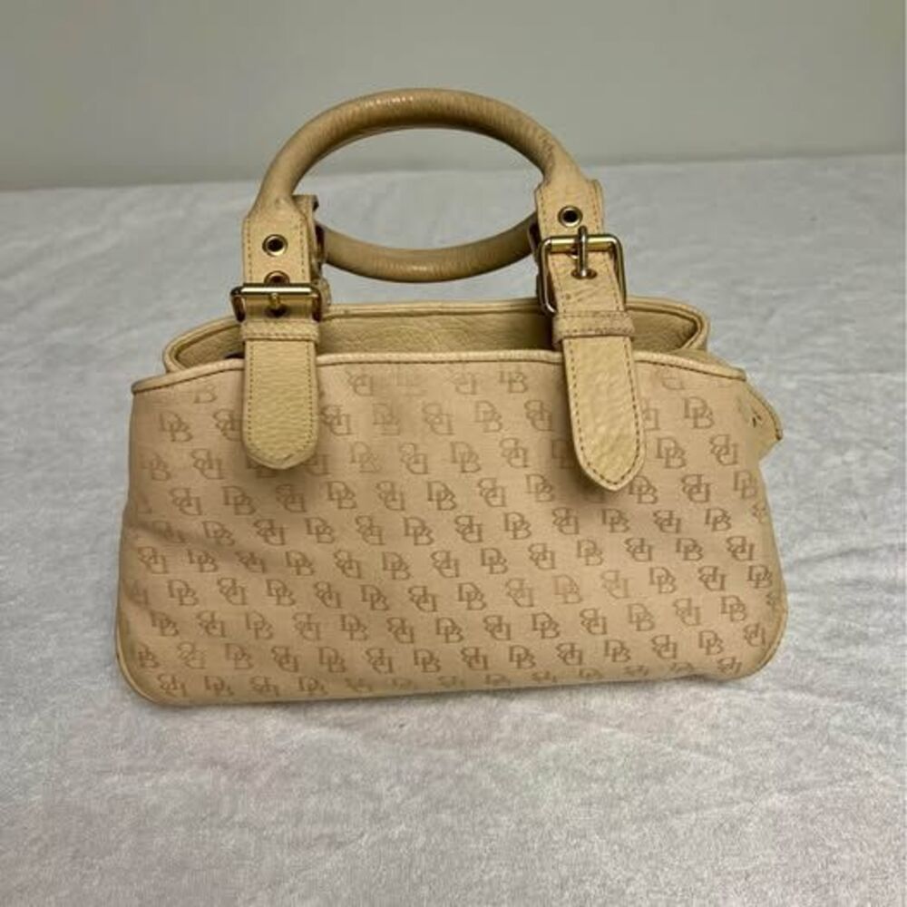 Dooney & Bourke DB Monogram Beige Canvas Small Satchel Handbag Purse